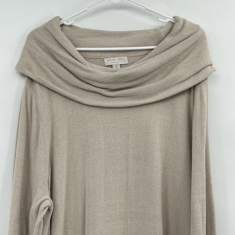 Barefoot Dreams Cozychic Ultra Lite Cowl Neck Pullover Sz 1X‎ Beige Plush Lounge